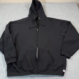 Russell Hoodie Men XXL Black Full Zip Fleece Sweatshirt Plain Activewear y2k